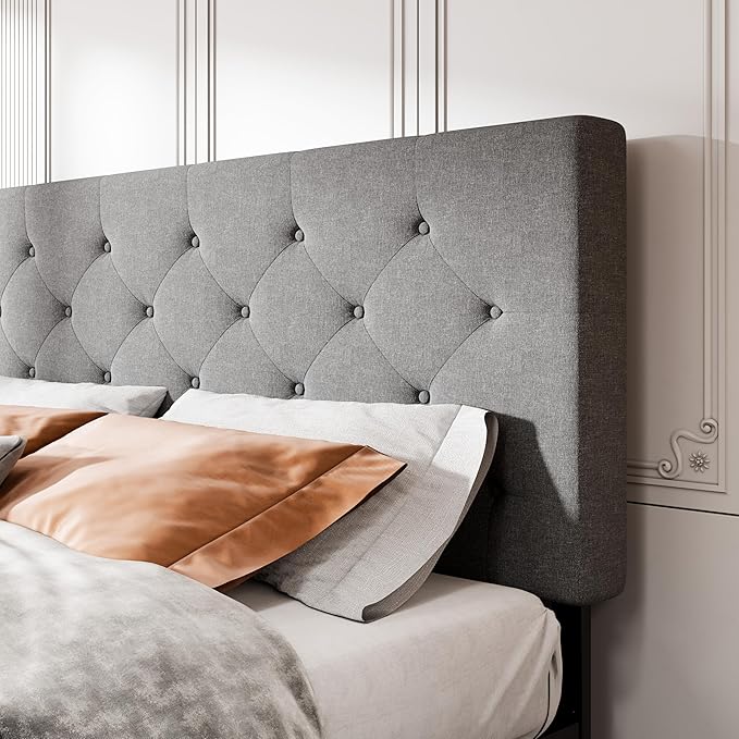 MUTICOR Full Size Bed Frame with 4 Storage Drawers, Upholstered Platform Bed with Button Tufted Adjustable Headboard, No Box Spring Needed, Easy Assembly, Diamond Tufted, Light Grey Fabric