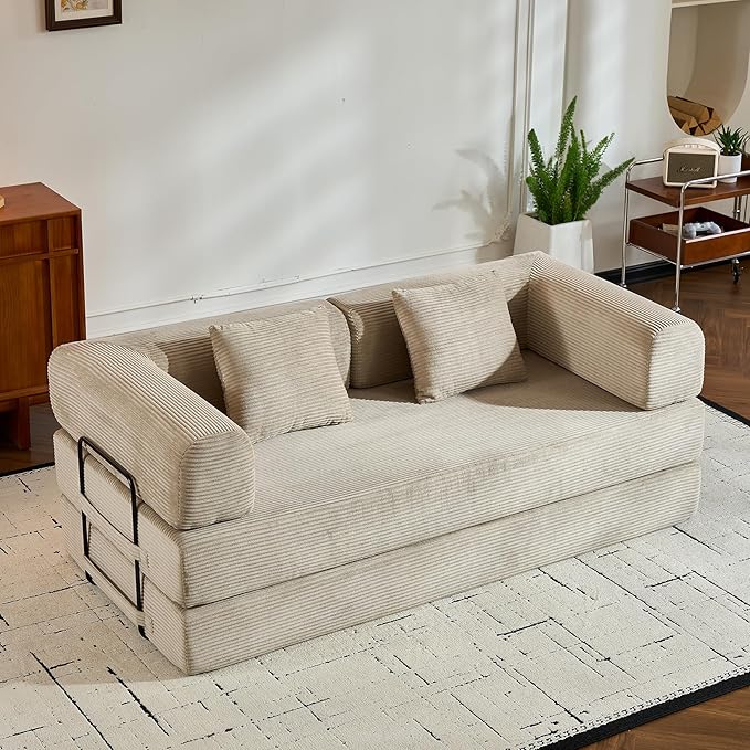 Corduroy Floor Sofa Bed, Convertible Folding Couch Bed with Fixed-Shape Frame and Armrest for Living Room Bedroom Lounge Studio-Beige