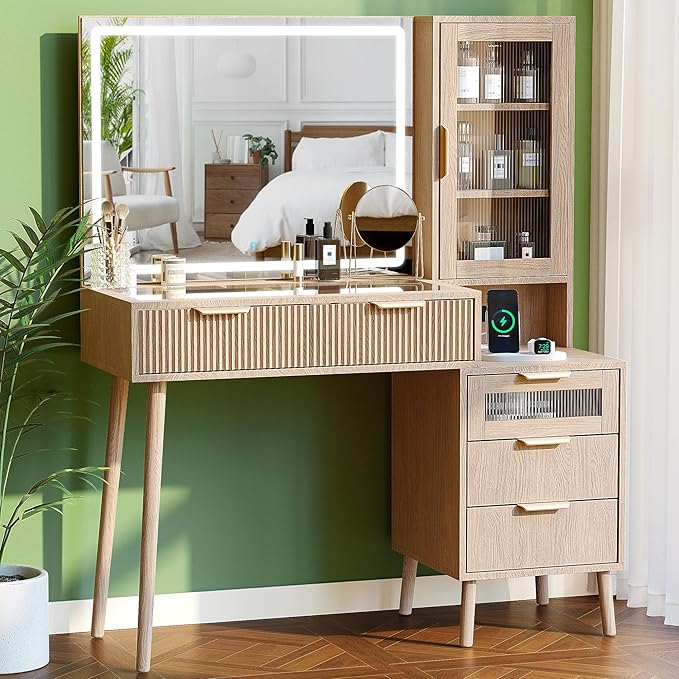 Fluted Makeup Vanity Desk with Mirror and Lights, 5 Drawers Glass Top Makeup Vanity with 4 Storage and 9-Grid Organizer, 3 Color Ribbed Glass Dressing Table with Charging Station, Natural Oak