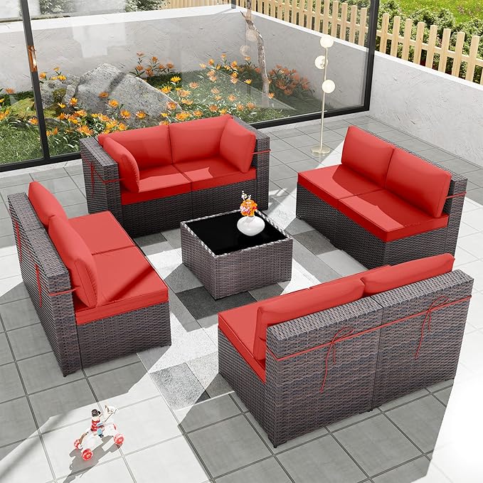 Kurapika 9 Pieces Patio Furniture Set, Rattan Wicker Outdoor Conversation Sets w/4in Cushion and Glass Coffee Table(Red)