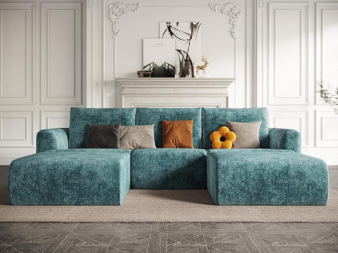 EASE MOOSE Cloud Couch Sectional Sofa, Large U-Shaped Oversized Modular Couch for Living Room, Minimalist Boneless Convertible Couches with Ottoman, 5-Seat Deep Sofas for Bedroom, Chenille (Blue)