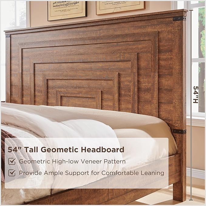 RedLemon Farmhouse King Size Bed Frame w/ 54" Tall Geometric Headboard, Rustic Wood Platform Bed w/ 2 Large Storage Drawers, Wood Slats Support, Noise Free, No Box Spring Needed, Reclaimed Barnwood