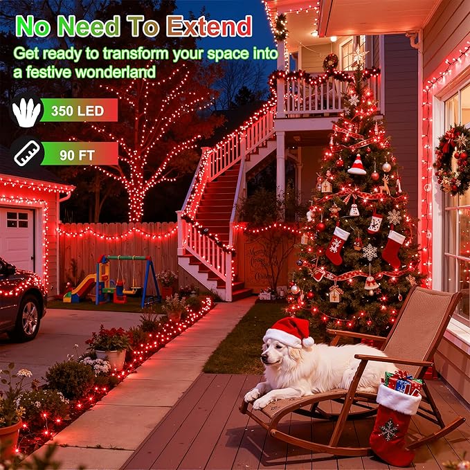 350LED 90FT Christmas Lights Indoor Outdoor, 12 Modes Red Outdoor String Lights with Timer Dimmable, Waterproof Green Wire Christmas String Lights for Tree Xmas Patio Fence Balcony Garden Party Decor