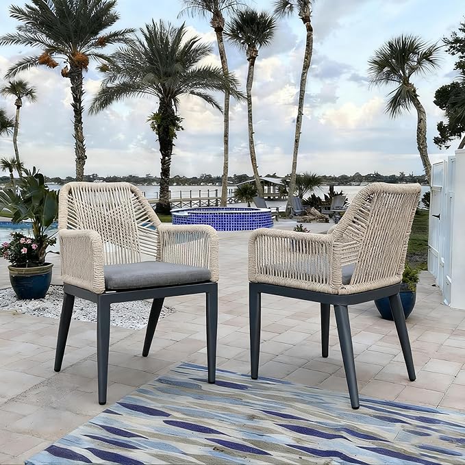 PURPLE LEAF Patio Dining Chair Set 2 Pieces Metal Modern Furniture Seating for Garden Kitchen Porch Outdoor Rattan Dining Chairs with Armrests and Cushions, Dark Grey