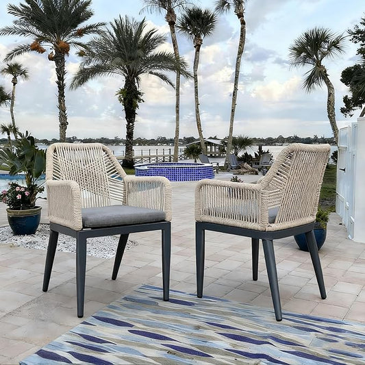 PURPLE LEAF Patio Dining Chair Set 2 Pieces Metal Modern Furniture Seating for Garden Kitchen Porch Outdoor Rattan Dining Chairs with Armrests and Cushions, Dark Grey