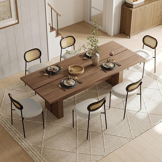 Rattan Dining Chairs Set of 4, Beige Leather Upholstered Dining Chairs with Rattan Cane Back, Mid Century Modern Dining Room Chairs with Black Metal Legs & D-Shaped Thicken Cushion, Beige