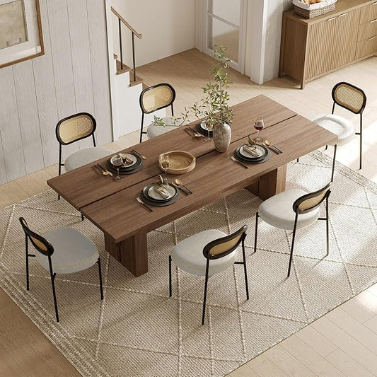 Rattan Dining Chairs Set of 6, Beige Leather Upholstered Dining Chairs with Rattan Cane Back, Mid Century Modern Dining Room Chairs with Black Metal Legs & D-Shaped Thicken Cushion, Beige