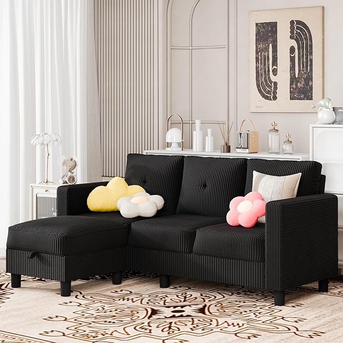 SUNLEI Convertible Sectional Couch Sofa for Small Spaces, L Shaped Modular Sofa with Removable Ottoman Storage, 3 Seat Modern Small Couches for Living Room in Apartment, Black