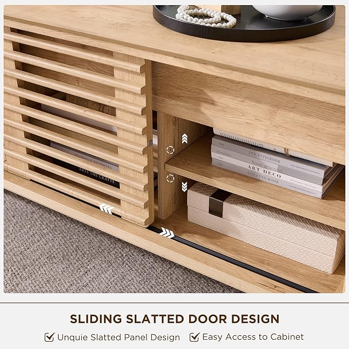 RedLemon 48" Lift top Coffee Table, mid Century Modern Coffee Table with Slatted Sliding Door, Hidden Storage Compartment, 4 Storage Shelves, Center Table for Living Room, Office, Natural Oak