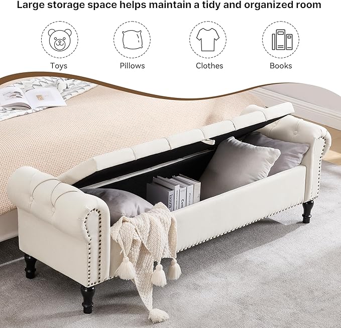 67 Inch Storage Bench for Bedroom, King Size End of Bed Bench, Upholstered Bench with Rolled Arms, Linen Tufted Button Storage Ottoman Benches, Living Room, Entryway, Beige