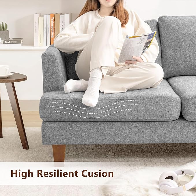 3 Seater Sofa Couch with Deep Seats, 89" Mid Century Modern Upholstered Sofa with Armrests, Comfy Couches for Living Room, Bedroom and Office, Linen Fabric Apartment Couch (Linen Grey)