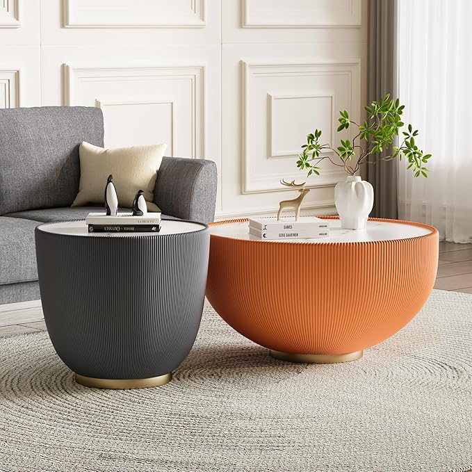 Round Coffee Table Set with Sintered Stone Tabletop, 29.53" Orange Drum Center Table and 19.69" Grey Coffee Table Set, 2 Pieces Living Room Table Set with Fluted PU Leather Cover& Metal Base