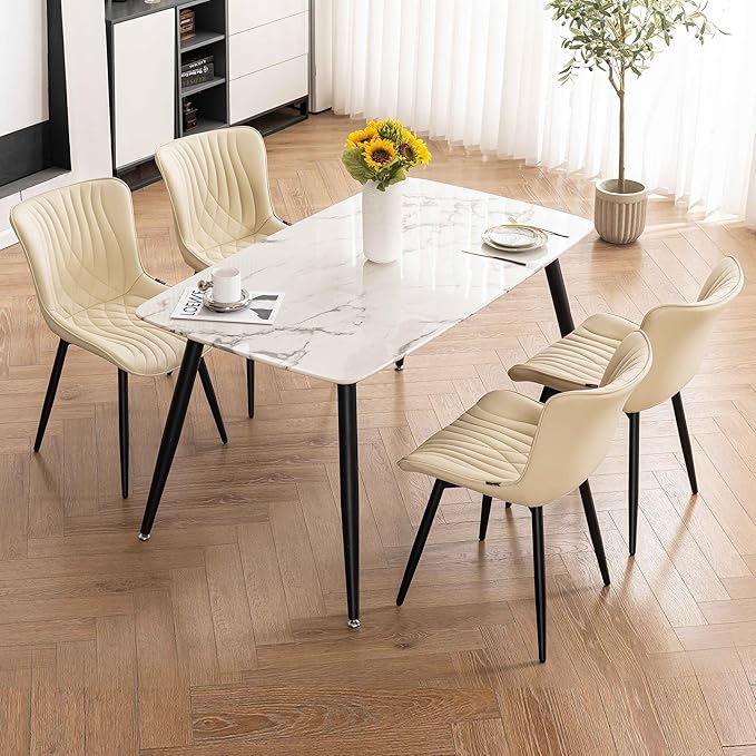 Kidol & Shellder Beige Dining Chairs Set of 2,Faux Leather Upholstered Mid Century Modern Kitchen&Dining Room Chair with Back,Ergonomic Armless Vanity&Living Room Chair with Metal Legs