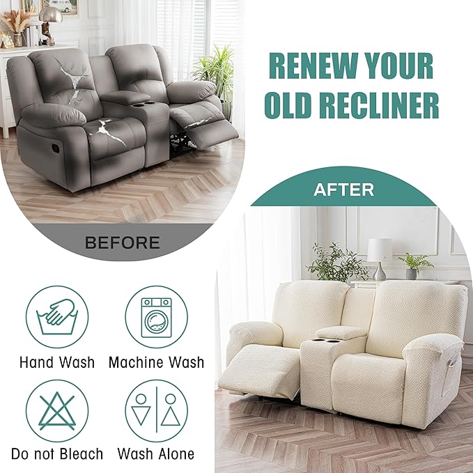 Genina Recliner Loveseat Covers with Console, Stretch Reclining Sofa Covers, 2 Seater Couch Cushion Stripe Jacquard Recliner Slipcovers - Furniture Protector Covers for Pet Kid (Dark Gray)