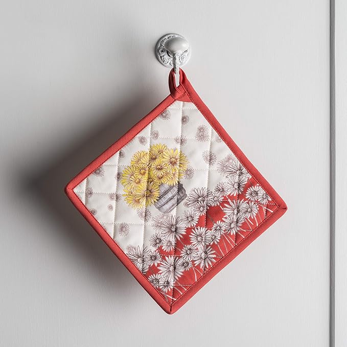 Maison d' Hermine Pot Holders 100% Cotton Heat Resistant Potholders 8" x 8" Hot Pads with Loop for Thanksgiving Christmas Decorations BBQ Cooking Baking Handling Hot Pans (Pack of 1, Bagatelle)