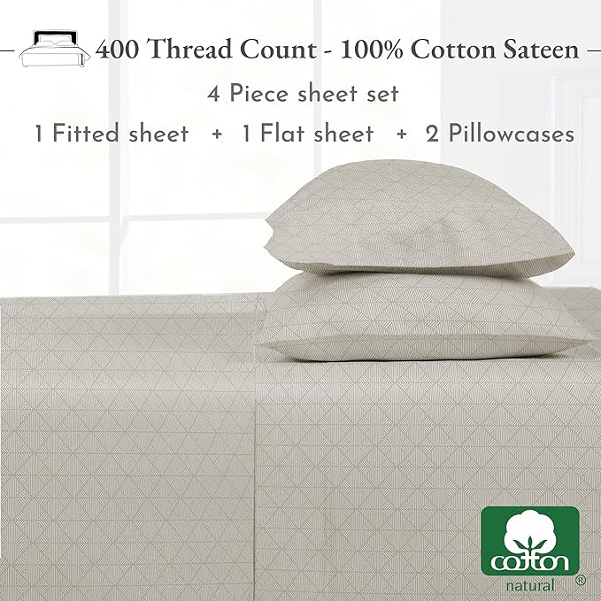 California Design Den Full Size Bed Sheets Set - 400 Thread Count Sateen, Natural 100% Cotton Sheets Full Size, Deep Pocket Cooling and Durable Bedding Set - Taupish-Sage Crosshatch