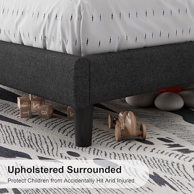 Feonase Twin Size Bed Frame with Charging Station, Upholstered Linen Bedframe with Wingback Headboard, Solid Wood Slats Support, No Box Spring Needed, Noise Free, Charcoal Grey