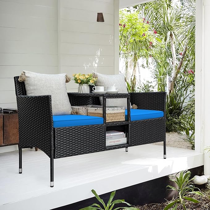 Greesum Patio Loveseat Outdoor Wicker Furniture Conversation Set with Soft Cushions & Built-in Coffee Table for Lawn Garden Backyard, Blue