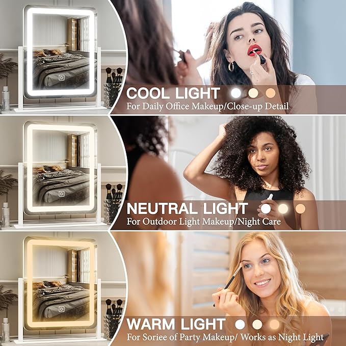 FENNIO Vanity Mirror with Lights - 15"x12.6" LED Lighted Makeup Mirror, Large Makeup Mirror with Lights, Touch Screen with 3-Color Lighting, Dimmable, for Vanity Desk Tabletop, Bedroom