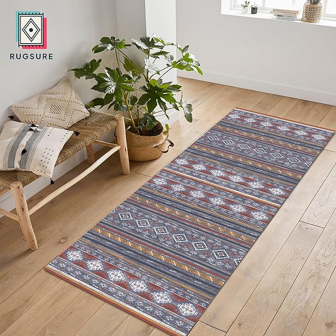 RUGSURE Washable Area Rugs 2'6'' x 8' - 1/6 Thick - Moroccan-Inspired -Stain & Water Resistant Non-Slip - Resistant Rug for Living Room, Bedroom, Nursery, Pet & Child Friendly (Blue and Red)