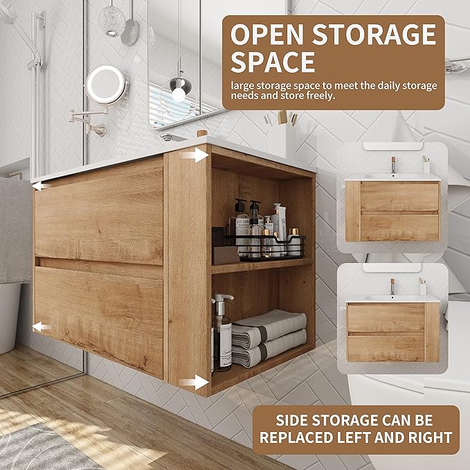 Goujxcy 30" Wall Mounted Bathroom Vanity with Sink, Modern Floating Bathroom Cabinet with White Gel Basin and Storage Drawer/Adjustable Side Shelf, Soft-Closing Door Wood Hanging Bath Room Cabinet