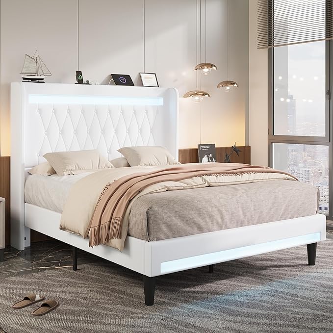 Allewie Upholstered Queen Size Platform Bed Frame with LED Light and Charging Station, Button Tufted High Headboard, Wingback Design, Noise Free, Easy Assembly, No Box Spring Needed, White