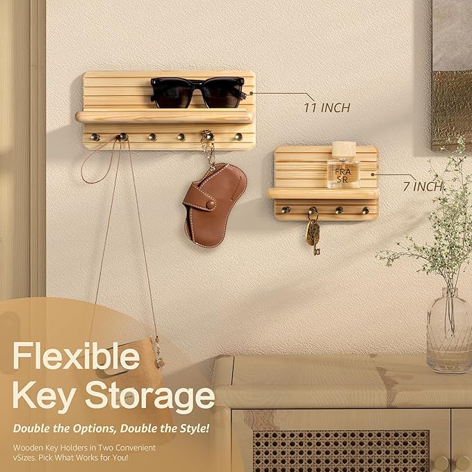 Rebee Vision Small Key Holder Wall Mount for Home Organization – Decorative 7-inch Pine Wooden Key Holder for Wall with 4 Hooks & Floating Shelf - Stylish Home Decor Solution (Natural Wood)