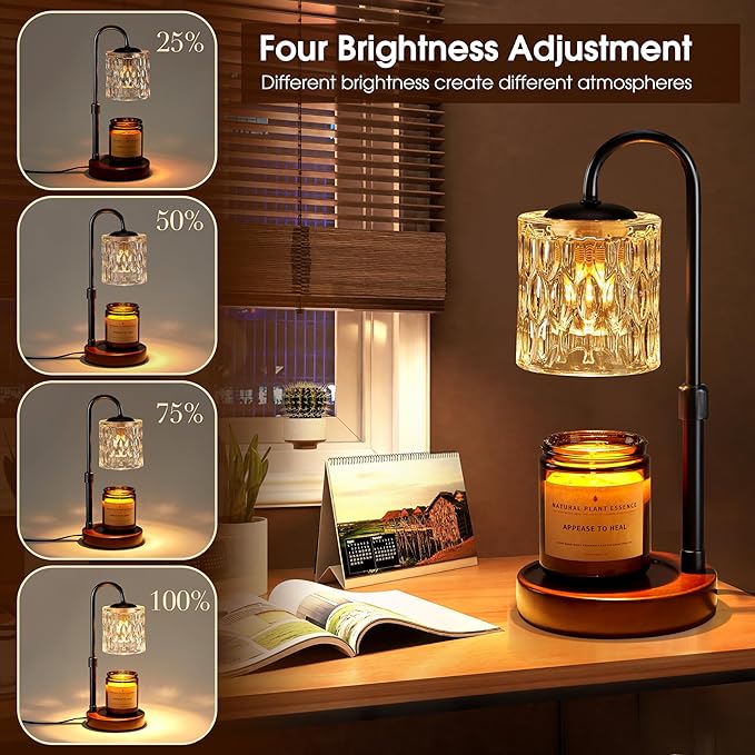 Briever Dimmable Candle Warmer Lamp with Timer, Height Adjustable Electric Candle Wax Warmer, Christmas Birthday Gifts for Women Mom, House Warming Gifts New Home Room Decor, Walnut Solid Wood Base