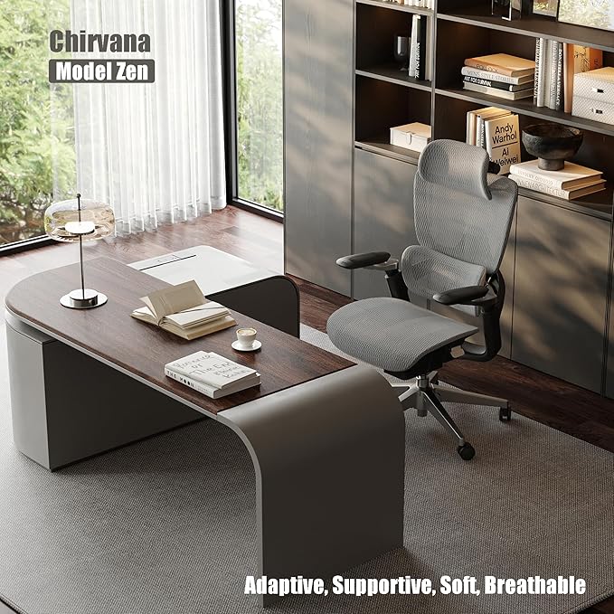 Ergonomic Office Chair, Mesh Home Desk Chair with Adaptive Lumbar Support, Gaming Chair with Headrest, 5D Armrest,90-130°Tilt, BIFMA Certified, Model Zen (Grey)