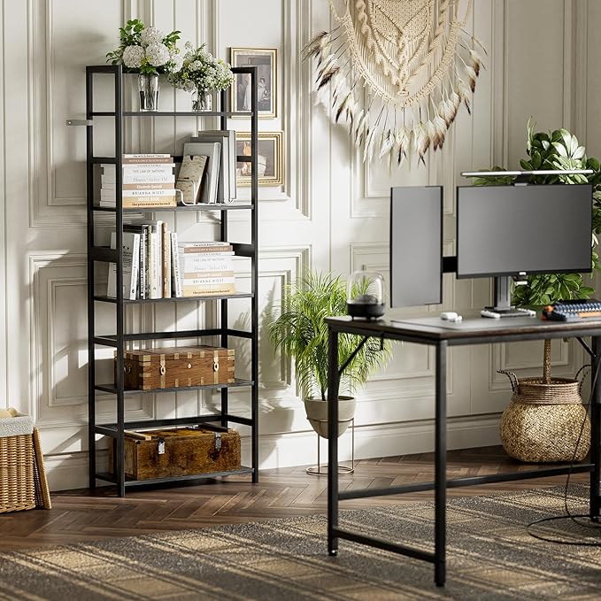 5-Tier Bamboo Wood Ladder Bookshelf, Tall Display Storage Shelf, Large Bookcase Modern Industrial Stand Organizer for Home, Office, Living Room, Kitchen, Bedroom, Black