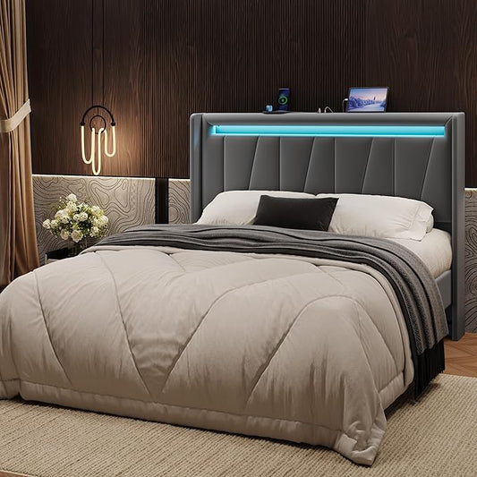 SHA CERLIN Full Size Bed Frame with Charging Station and LED Lights, Modern Velvet Platform Bed with Upholstered Geometric Wingback Headboard, No Box Spring Needed, Easy Assembly, Grey