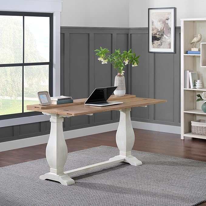 Martin Svensson Home Napa Solid Wood Pedestal Flip-Top Sofa Console Table, White and Driftwood