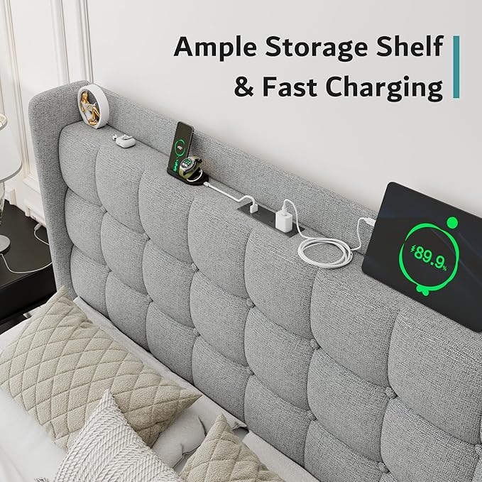 iPormis Full Size Upholstered Platform Bed, Button Tufted Wingback Bed Frame with Charging & Storage Headboard, No Box Spring Needed, Light Gray