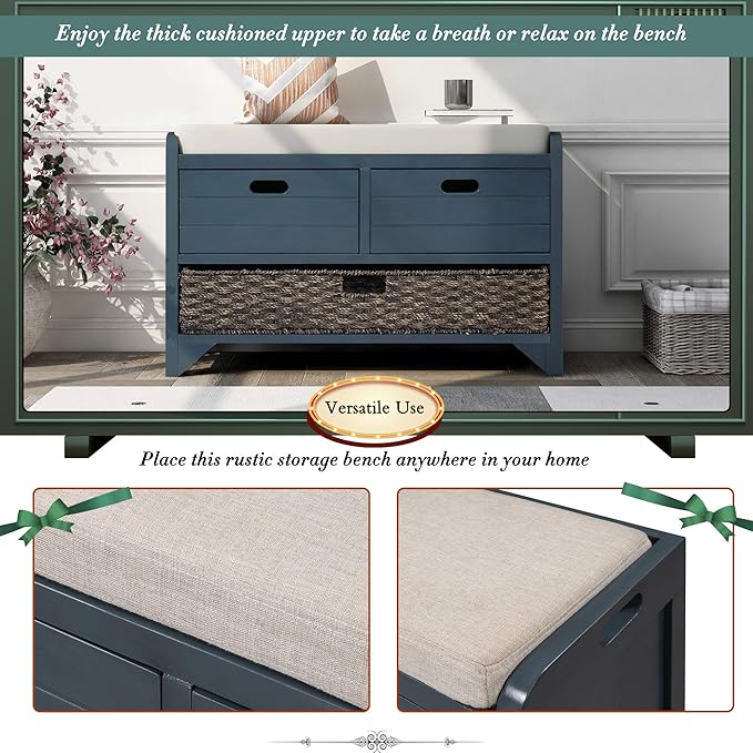 Entryway Shoe Storage Bench with Cushion, Fully Assembled Solid Wood Bench with 2 Drawers and Removable Basket for Hallway, Bedroom or Living Room (Navy)