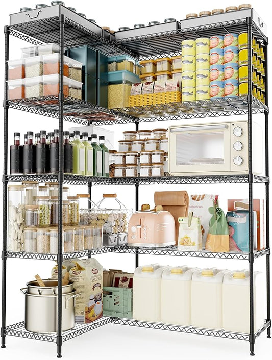 5 Tiers Storage Shelves Load 1500LBS, Metal Shelving Wire Metal Shelving Unit Shelves for Storage Adjustable Garage Shelving for Pantry Kitchen Garage Black 15.8" D x 33.5" W x 70.5" H