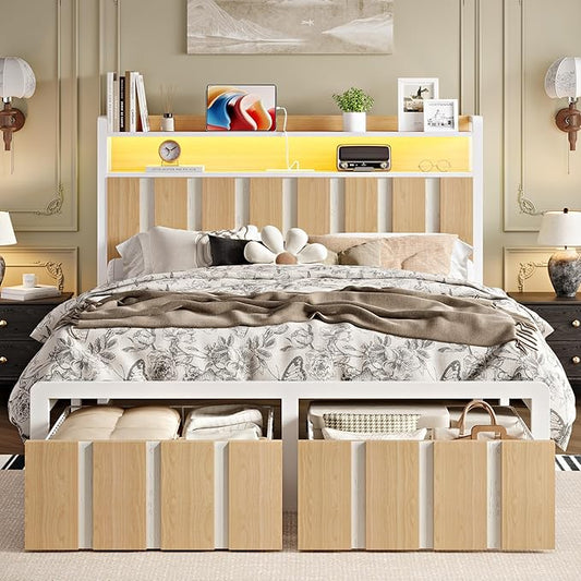 Queen Bed Frame with Storage Headboard & Dual Built-in Storage Drawers, Heavy Duty Platform Bed with 4-Device Charging Station and LED Lights, Noise-Free Design, No Box Spring Needed, White