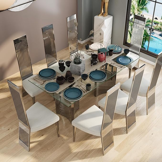 Asday Glass Dining Table, 70 inch Rectangular Dining Room Table, Double Pedestal Dining Table with Clear Tempered Glass Top and Mirrored Silver Trestle Base