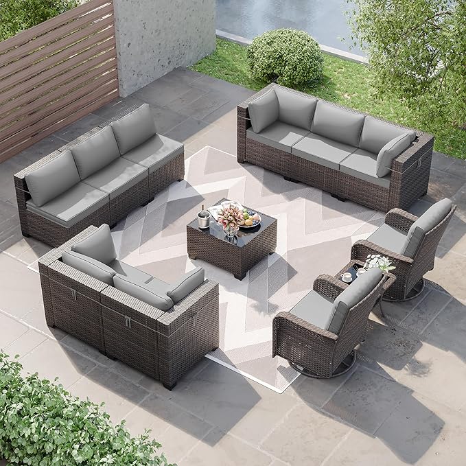 Kurapika 12 Pieces Patio Furniture Set, Rattan Wicker Sofa Set, Outdoor Conversation Sets w/Swivel Rocking Chairs Patio Sectional Sofa w/4 Inch Cushion, Grey