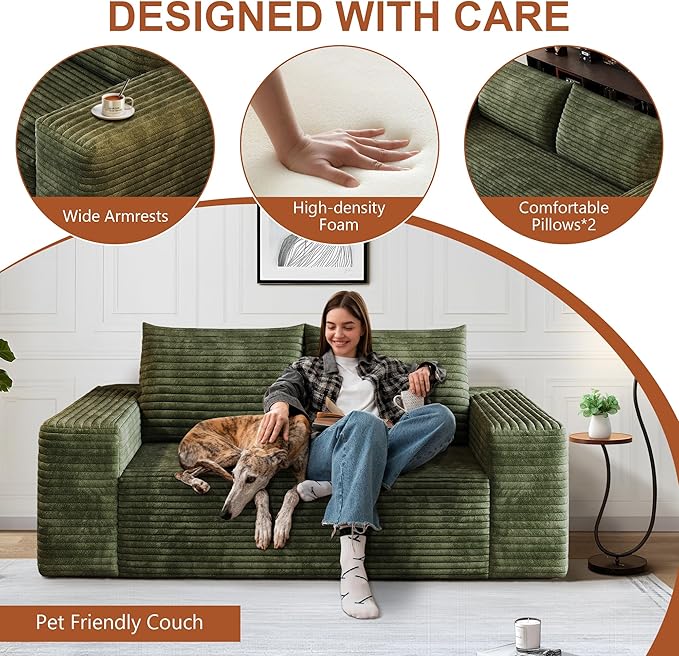 63" Corduroy Loveseat Sofa, 2-Seater Cloud Couch, Boneless Couch in a Box, Comfy Deep Seat Sofa with Memory Foam, Pillows and Wide Armrests, Modern Small Couches for Small Spaces, No Assembly (Green)