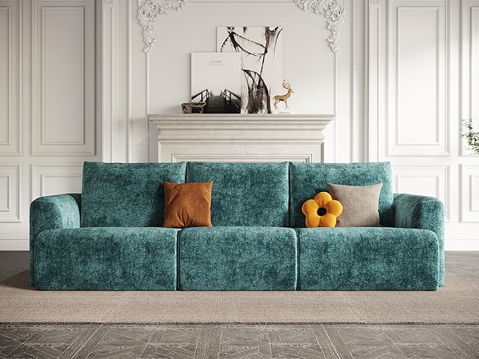 EASE MOOSE Boneless Couch for Living Room, Sectional Cloud Sofa, Modular Cloud Couch, 3-Seater Deep Seat Sofas with Pillow for Bedroom, Apartment, No Assembly Required, Chenille (Blue)