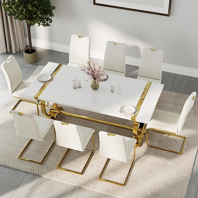 ACEDÉCOR 80in White and Gold Dining Table for 6-8, Modern Luxury Kitchen Room Table with Rectangular Lacquer Top and Gold Stainless Steel Circle Base