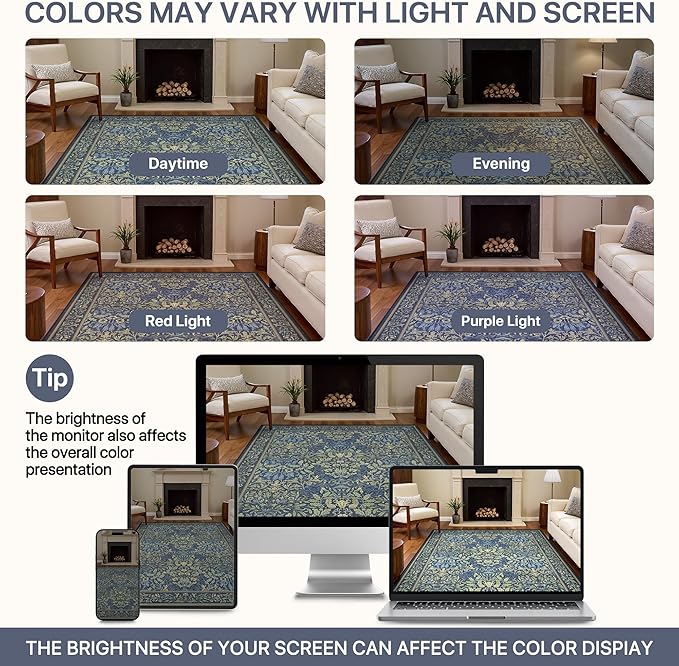 GENIMO 5x7 Washable Area Rug, Non-Slip Vintage Boho Floral Carpet, Soft Low-Pile Thin Bedroom Rug for Living Room, Dining Room, Nursery, Dark Blue