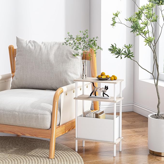 Narrow Side Table with Fabric Basket, End Table for Small Spaces, Slim Nightstand with 3-Tier Storage Shelf, Sofa Beside Table, for Living Room, Bed Room, Natrual Oak