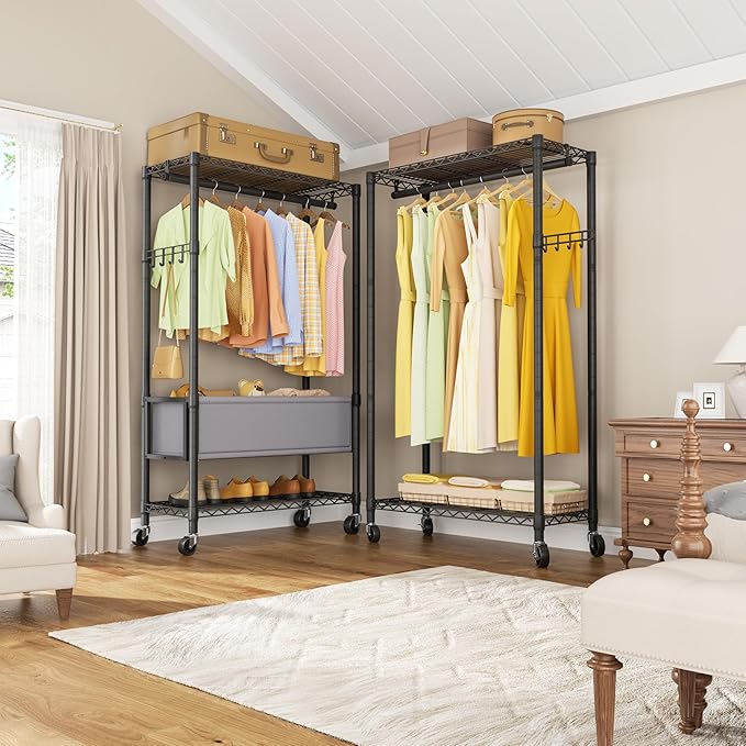 Clothes Rack,Heavy Duty Garment Rack 3 Tier Adjustable With Removable Clothe Basket,Wheels Free Standing Rolling Wire Shelving Clothing Racks for Hanging Clothes Metal Portable Closet