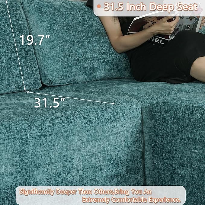 EASE MOOSE Boneless Couch for Living Room, Sectional Cloud Sofa, Modular Cloud Couch, 3-Seater Deep Seat Sofas with Pillow for Bedroom, Apartment, No Assembly Required, Chenille (Blue)