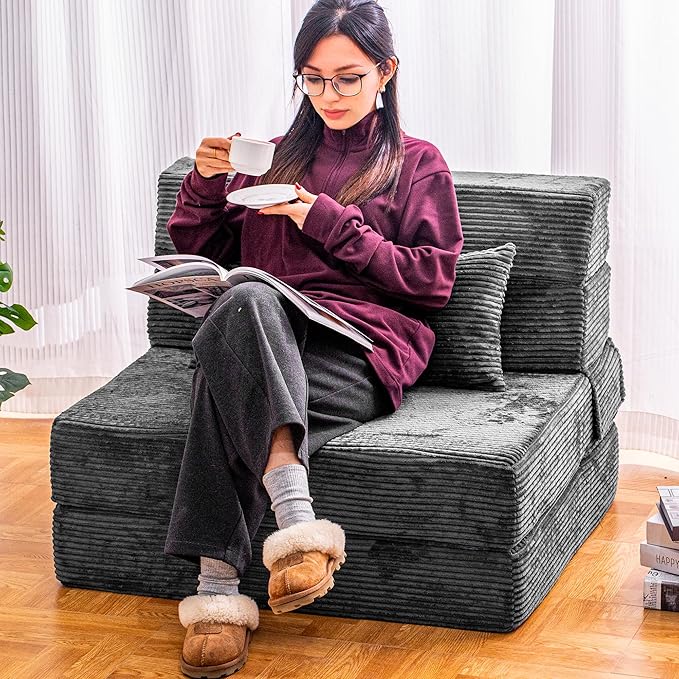 Folding Sofa Bed, Convertible Sleeper Chair with Pillow, High Density Memory Foam Fold Out Couch, Foldable Mattress Futon Sofa for Living Room/Dorm/Guest Use/Apartment/Home Office