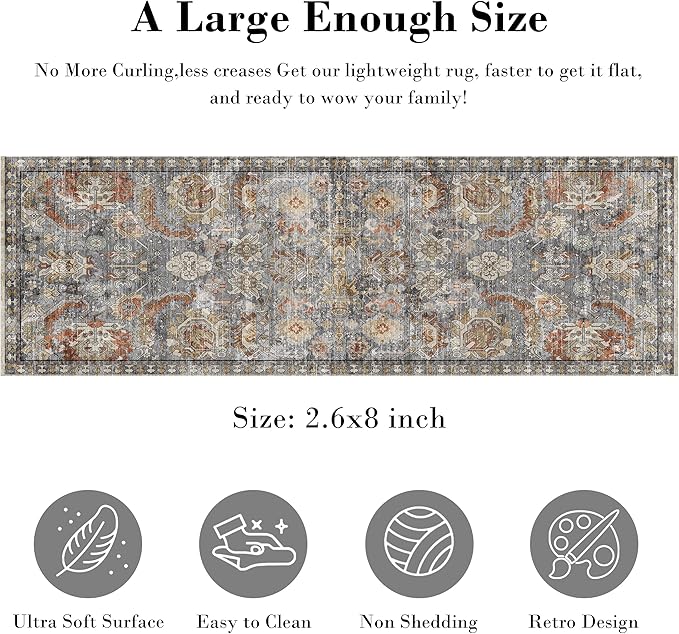 RUGSURE Washable Area Rugs - Perfect for Living Room, Bedroom, Kids Room, Nursery - Stain & Water Resistant Non-Slip, Pet & Child Friendly, Vintage Tribal Area Rugs (Turmeric and Grey, 2'6'' x 8')