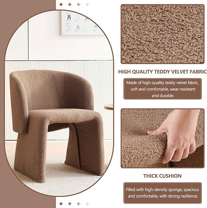 Modern Dining Chair Brown Upholstered Barrel Home Kitchen Chair with Metal Frame, Comfy Accent Chair Teddy Velvet Single Sofa Chair for Living Room,Bedroom