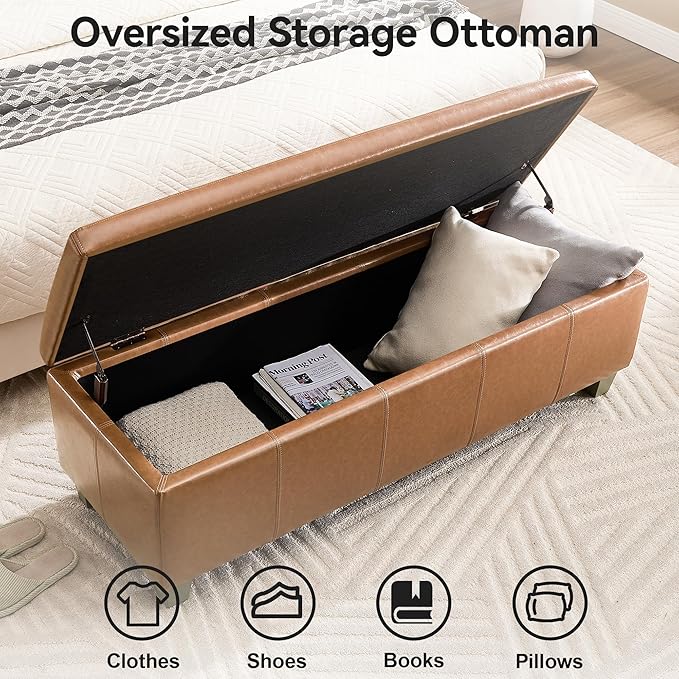 51" Faux Leather Storage Ottoman, Stitch Tufted Rectangle Upholstered End of Bed Storage Bench, Entryway Large Couch Ottoman with Wooden Legs, Light Brown