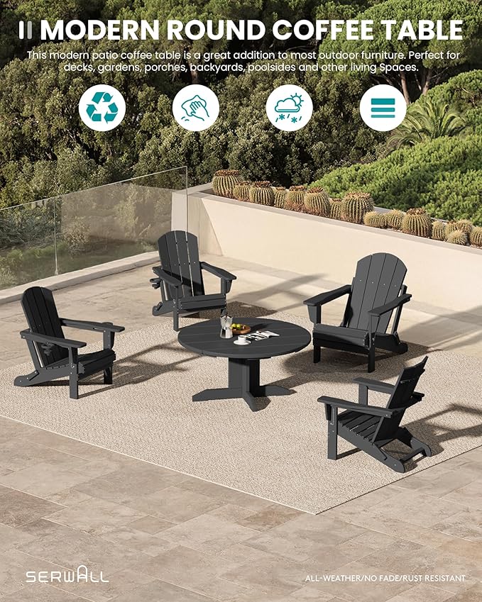 SERWALL 36'' Round Outdoor Coffee Table - HDPE Weatherproof Patio Table for Balcony, Garden, Backyard (Black)